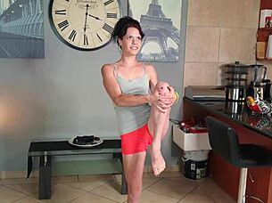 hey, watch this desperate milf piss in tight pants during yoga stretches