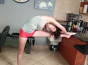 hey, watch this desperate milf piss in tight pants during yoga stretches