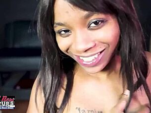 SKINNY EBONY TATTOOED EVELYN PUSSY POUNDED SWALLOWS EVERY DROP