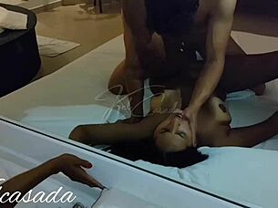 latina milf slut blows old swinger in cuckold hotel group with husband watching