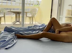 naked wife spies nudists on street as husband wakes for morning fingering fun