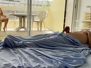 naked wife spies nudists on street as husband wakes for morning fingering fun