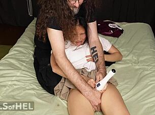 Asian student babe in uniform squirms and cums hard from powerful vibrator on wet shaved pussy