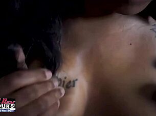 SKINNY EBONY TATTOOED EVELYN PUSSY POUNDED SWALLOWS EVERY DROP