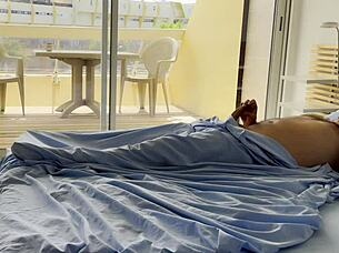 naked wife spies nudists on street as husband wakes for morning fingering fun