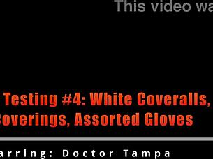 Behind scenes testing white coveralls gloves face coverings