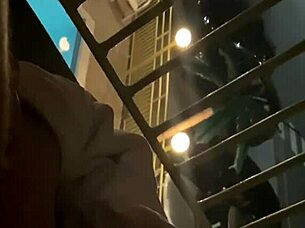 Risky public balcony fuck exposes wet pussy to hotel crowds