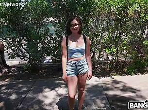 brunette nerd loses virginity with shaved pussy creampie and blowjob foreplay