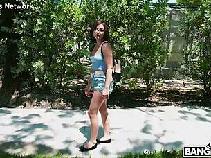 brunette nerd loses virginity with shaved pussy creampie and blowjob foreplay