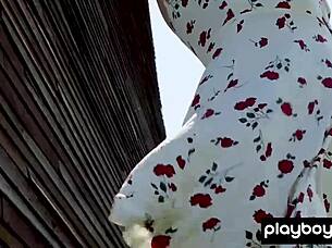 big boobed blonde milf jenessa dawn strips naked outdoors