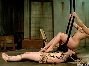 Bound lesbian slave paddled hard then assfucked deep