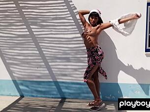 Petite asian angel constance strips outdoor squeezing tits juicy orange rip clothes