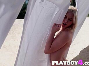 Petite blonde model poses lingerie flashing small tits bubble ass