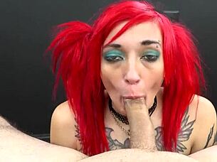 Slim tattooed blonde Jackie deepthroats cock then swallows hot cum