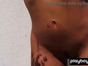 Petite asian angel constance strips outdoor squeezing tits juicy orange rip clothes