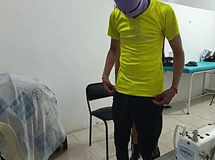 Submissive whore in uniform gets groped hard at work by boss