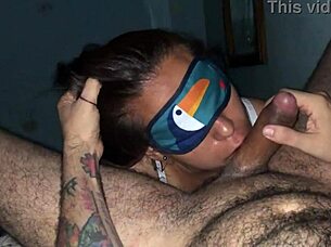 blindfolded slut deepthroats big cock balls moaning sloppy