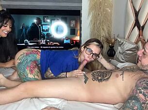 Two Horny Latinas Suck My Monster Cock Together