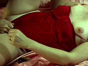 French Amateur Clothed Fuck in Red Satin Bra Thong Heels Rimming Deepthroat Cumshot!