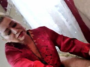 Mature slut sucks dick in red satin negligee ponytail?