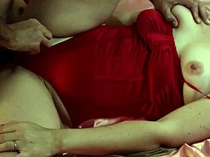 French Amateur Clothed Fuck in Red Satin Bra Thong Heels Rimming Deepthroat Cumshot!