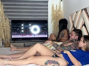 Two Horny Latinas Suck My Monster Cock Together