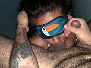 blindfolded slut deepthroats big cock balls moaning sloppy