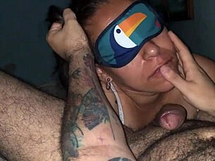 blindfolded slut deepthroats big cock balls moaning sloppy