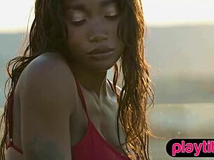 petite ebony milf model strips juicy tits poolside outdoors