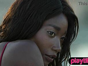 petite ebony milf model strips juicy tits poolside outdoors