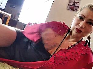 Mature slut sucks dick in red satin negligee ponytail?