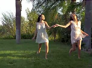 Two naughty brunettes kiss and lick pussies outdoors passionately