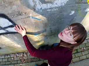 pov public fuck with cute young brunette student outdoors