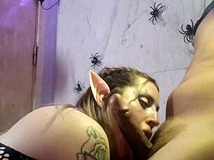 halloween elf girlfriend deepthroats black cock sloppy homemade?