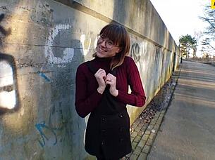 pov public fuck with cute young brunette student outdoors