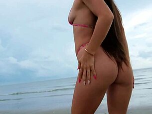 Petite Brunette Enjoys Beach Walk in Bikini Outdoors