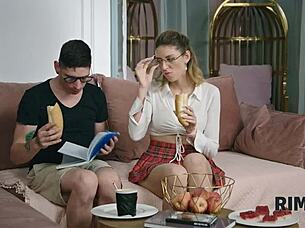 Beautiful blonde nerd couple indulges in european ass licking fetish play