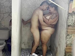 Milf fucks lover wildly in steamy shower now