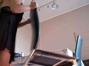 gostosa blonde bombshell teases tits in sexy lingerie kitchen