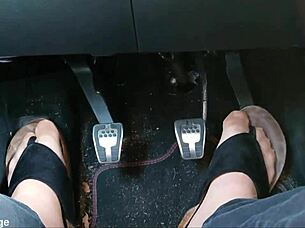 Chubby German Shows Nylon Feet And Toes In Car