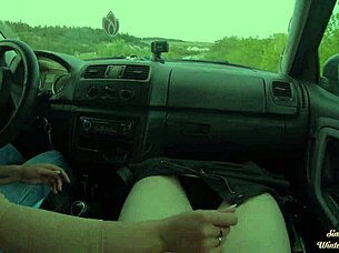 Girlfriend gives hot public road handjob in car to boyfriend's big cock outdoors