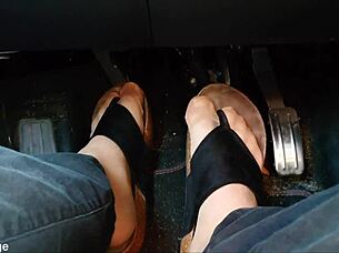 Chubby German Shows Nylon Feet And Toes In Car