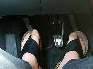 Chubby German Shows Nylon Feet And Toes In Car
