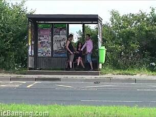 Busty babe public gangbang threesome doggystyle by highway 🚗💦