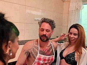 neighbor and daughter eat my cock then fuck in kitchen