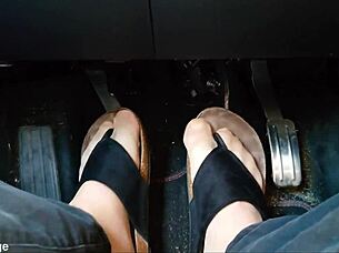 Chubby German Shows Nylon Feet And Toes In Car