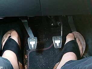 Chubby German Shows Nylon Feet And Toes In Car
