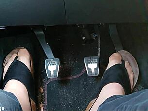 Chubby German Shows Nylon Feet And Toes In Car