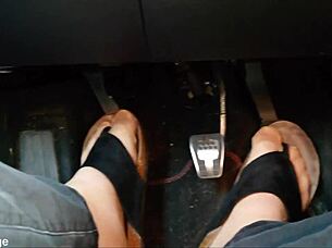 Chubby German Shows Nylon Feet And Toes In Car