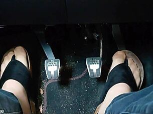 Chubby German Shows Nylon Feet And Toes In Car